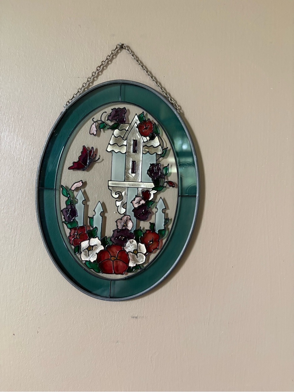 Oval Stained Glass Birdhouse light Catcher in Green with Red & White Flowers